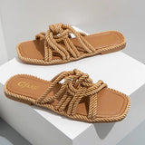 Slippers Personality Hemp Rope Upper Design Flat Sandals Women Casual Solid Color Square Toe Hollow Flat Heel Woman