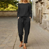 Women Linen 2 Piece Set Solid Color Loose Comfortable Drawstring Long Sleeve Home Suits 2021 Lounge Wear