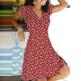 Summer 2021 New Casual Floral Print V Neck Pullover A-line Dress Fashion Short Sleeves Elegant Office Lady Party