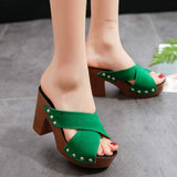 Women Sandals 2022 New Square High Heel Platform Flock Casual Rivet Pumps Peep Toe Female Elegant Ladies Shoes Zapatos De