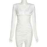 Deep V Neck Long Sleeve Mini Dress For Women Ruched Elegant Autumn Office Lady Sexy Bodycon Fashion White Dresses