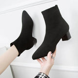 Autumn And Winter New Pointed Middle-Sleeve Boots Women's Thick Heels, Knitted Fashion Elastic Boots, Comfortable Casual