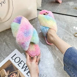 Mixed Colors Fluffy Slippers Autumn Winter Home Slippers Women Furry Fur Slides Outdoor Women's Sandals 2021 Flip