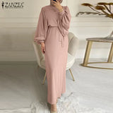 2022 ZANZEA Elegant Lace Up Muslim Dress Women Long Sleeve Maxi Solid Sundress Robe Femme Female Marocain Turkish Vestidos