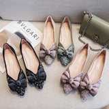 Spring Lace Bowknot Flats Women Glitter Crystal&Beads Ballets Shoes Ladies Pointed Toe Loafers Dress Slip On Moccasins