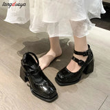 Design Buckle Pumps Thick Heels HIgh Heels for Lady Mary Jane Shoes Platform Waterprof JK Punk Shoes Footwear Square