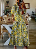 Women Elegant Commuter Lapel Puff Sleeve Long Dress Chic Floral Print Pocket Tie High Waist Dress Summer Office Elegant