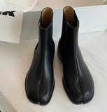 Split Toe Ankle Boots Woman Shiny&Matte Leather Shoes Tabi Ninja Chelsea Botas Mujer Low Heels Trotters Booties