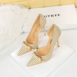 Breakj Korean Version Of High Heels Plaid Shallow Mouth Side Hollow Thousand Bird Case Pearl Metal Chain Super High Heel Single