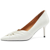 Pointed Toe Pumps Natural Genuine Leather Women Shoes High Heels Pleated Stiletto Heel Dress Footwear Female Spring