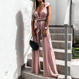 Deep V Neck Backless Solid Color Fashion Summer Belt Women Jumpsuit Casual Sleeveless Loose Long Pants Hight waist