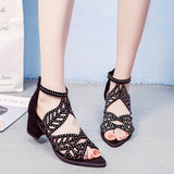 2020 New Style Women Summer Hollow Out Faux Leather Rhinestones Thick Heel Zipper Sandals Shoes
