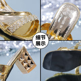 Breakj Women Summer Fashion Rhinestone Slipper Sexy Hollow Out Chunky High Heels Sandals Crystal Party Shoes Woman Flip