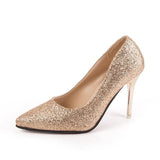 Women Wedding Shoes Silver Gold Dress Shoes Pointed Toe Thin Heels Woman Sequined Cloth High heels Glitter Pumps Boat