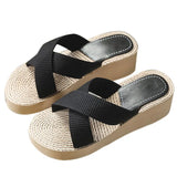 Women's Slippers Hemps Wedge Heels Non-slip Outside Ladies Slides Korean Style Sweet Girl Female Shoes Sandals 2021