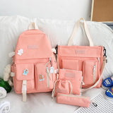 2022 NEW 5-piece set School backpack Canvas Korean Large capacity Women's backpack Kawaii cute doll school girl backpack