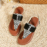 Size Women's Shoes In Summer, One-Word Buckle, Round Head, Flat Bottom, Leopard Print Sandals From