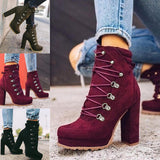 Size 2024 Autumn And Winter Waterproof Table High Heel Laced Riveted Short Boots Suede Martin