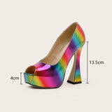 Ultra High heels Glitter patent leather Rainbow Women Pumps Sexy Peep toe Colorful Platform Wedges Female Party Club