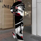 Ladies Long Sleeve Vintage Printed Outfits Fall Winter Women Two Piece Sets Elegant Turtleneck Pullover Top+Wide Leg Pants