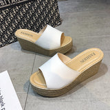 Breakj Cake Slippers Women Cool Drag Slope With High Heel 7CM Word Drag Leather Large Size Women's Shoes 35-42