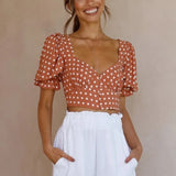 Summer Women Vintage Polka Dot Printed Crop Blouse Puff Short Sleeve Bodycon Shirt Ladies V Neck Slim Tops 2021