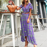 Spring Retro Floral Print Irregular Long Dress Women Sexy V Neck Ruffle Boho Dress Summer Short Sleeve Loose Long Party