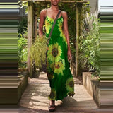 Women Sexy Sleeveless Off-shoulder Loose Sling Dress Casual Printed Green Series Elegant Slim Bohemia Beach Party