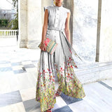 Fashion Stand Collar Chiffon Button Printed Lace-up Wide-leg Pants Jumpsuit Elegant Slim Sleeveless Loose Party
