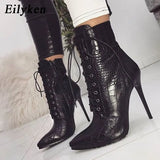 Snakeskin grain Ankle Boots For Women High heels Fashion Pointed toe Ladies Sexy shoes 2022 New Lace-Up Boots Size