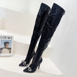 Brand Rhinestones Bowknot Women Thigh High Boots Autumn Winter Patent Leather High Heels Over the Knee Boots Botas