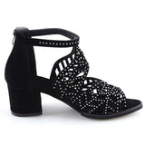 2020 New Style Women Summer Hollow Out Faux Leather Rhinestones Thick Heel Zipper Sandals Shoes