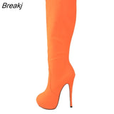 Womens Matte Leather Pointed Toe High Heels Autumn Winter Mid Calf Knee Wide Leg Stretch