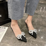 Breakj Summer New Korean Version Of The Bow Water Diamond Tip Head Half Drag High Heel Slippers Thin Heel Women's