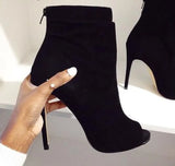 Women Open Toe Black Suede Leather Ankle Bootie Back Zipper-up Ankle Boots Thin Heel Classical High Heel Short