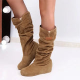 For Women Pleated Female Flock Warm Shoes Round Toe Flat Woman Casual Footwear Women's Mid-calf Boots Drop
