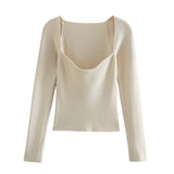 Chic Beige Knitted Cropped Blouses Women 2021 Fashion Sexy Square Collar Shirts Girls Streetwear Casual