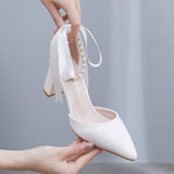 Breakj Cm Thick Heel Pointed Sandals With Shallow Female Sandals White Beaded Wedding Bride High Heels Large-Size