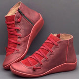 2022 New Women's Casual Flat Leather Retro Lace-up Boots Side Zipper Round Toe Shoe Leather Ankle Boots Zapatos Mujer Wram