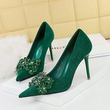 Breakj Korean Version Banquet High-Heeled Shoes Women Thin Heel Suede Shallow Mouth Pointed Gem Water Diamond Bow Single