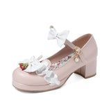 Womens Mary Jane Chunky Heel Closed Toe Platform Pumps with Strawberry Contrast Bows Sweet Lolita Cosplay Wedding Shoes