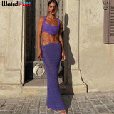 Puss Elegant Party Knit 2-Piece Set Women Skinny Irregular Camisole+Lace Up Low Waist Skirts See Through Matching