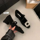 Breakj Plus Plus Gray Mary Jane Hairy Shoes Women's Shoes 2025 Autumn And Winter Temperament High Heel Square Drill Single