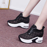 White Shoes Breathable Mesh Chunky Platform Sneakers Summer Ladies Lace Floral Hollow Out Wedge Heels Casual Footwear