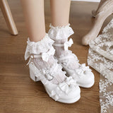 Cross Strap Women High Heels Mary Jane Pumps Party Wedding Cosplay White Pink Black Ruffles Bow Princess Cosplay Lolita