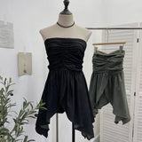 Real Shooting Niche Hottie Sexy Breast-Wearing Waist Folded Open Fork Water Washing Denim Wrapped Breastless Sleeveless Top