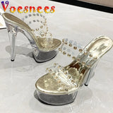 Show Chain Slippers Transparent Peep Toe Pole Dancing Sandals Platform Super Thin High Heels Nightclub Party Women