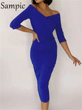 V Neck Sexy Off Shoulder Skinny Bodycon Midi Dress 2021 Women Clothing Black Wrap Backless Party Night Club Elegant