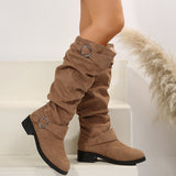 Breakj And Winter New Folded Flat Bottom Western Cowboy Boots Buckle Boots Coarse And Thin Barrel Knight