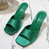 Breakj High Heel Slippers Female Summer Square Head Solid Color A Word Wear Fashion Versatile Ladies Large Size